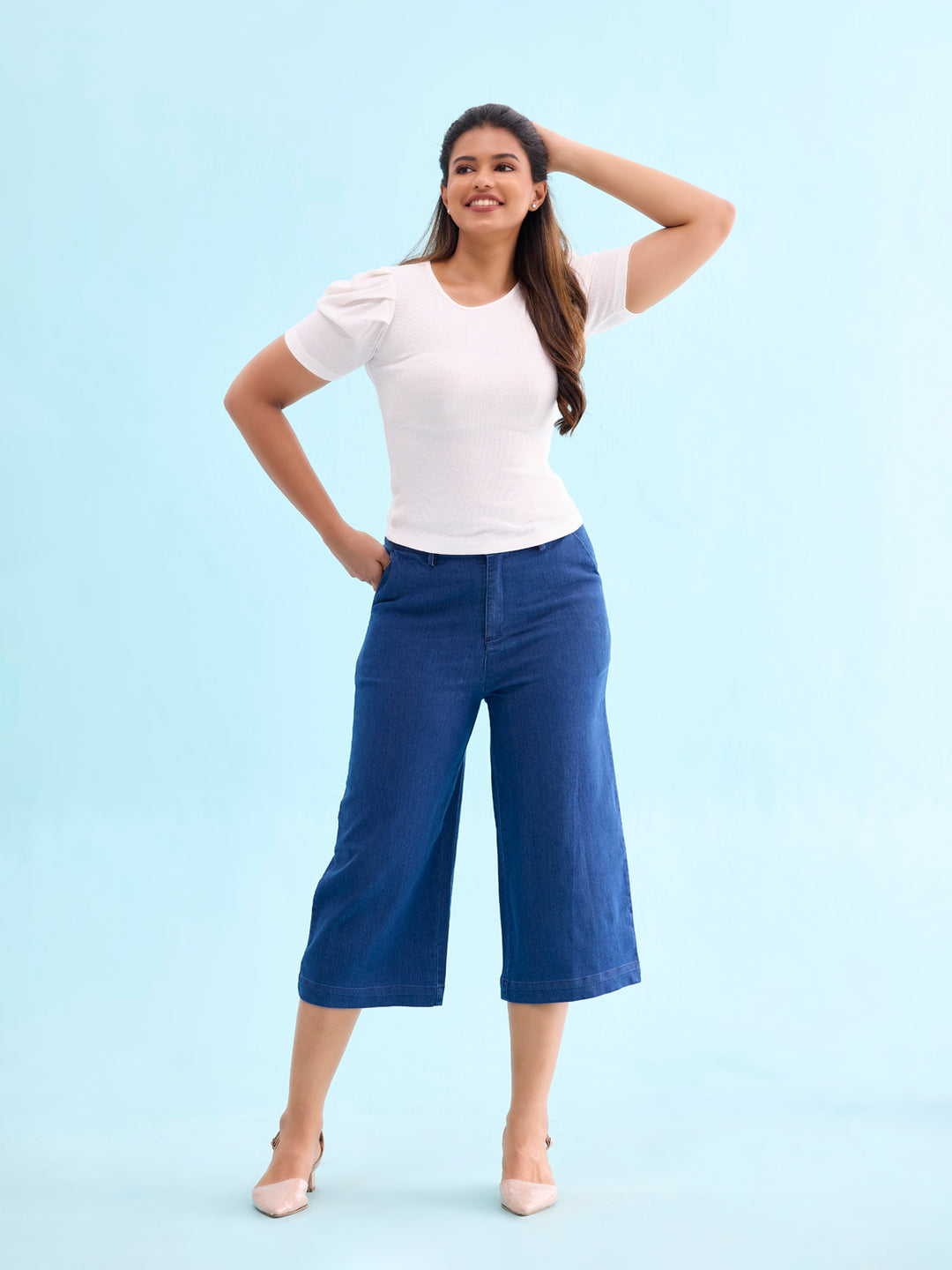 Blue Cotton Denim Culottes