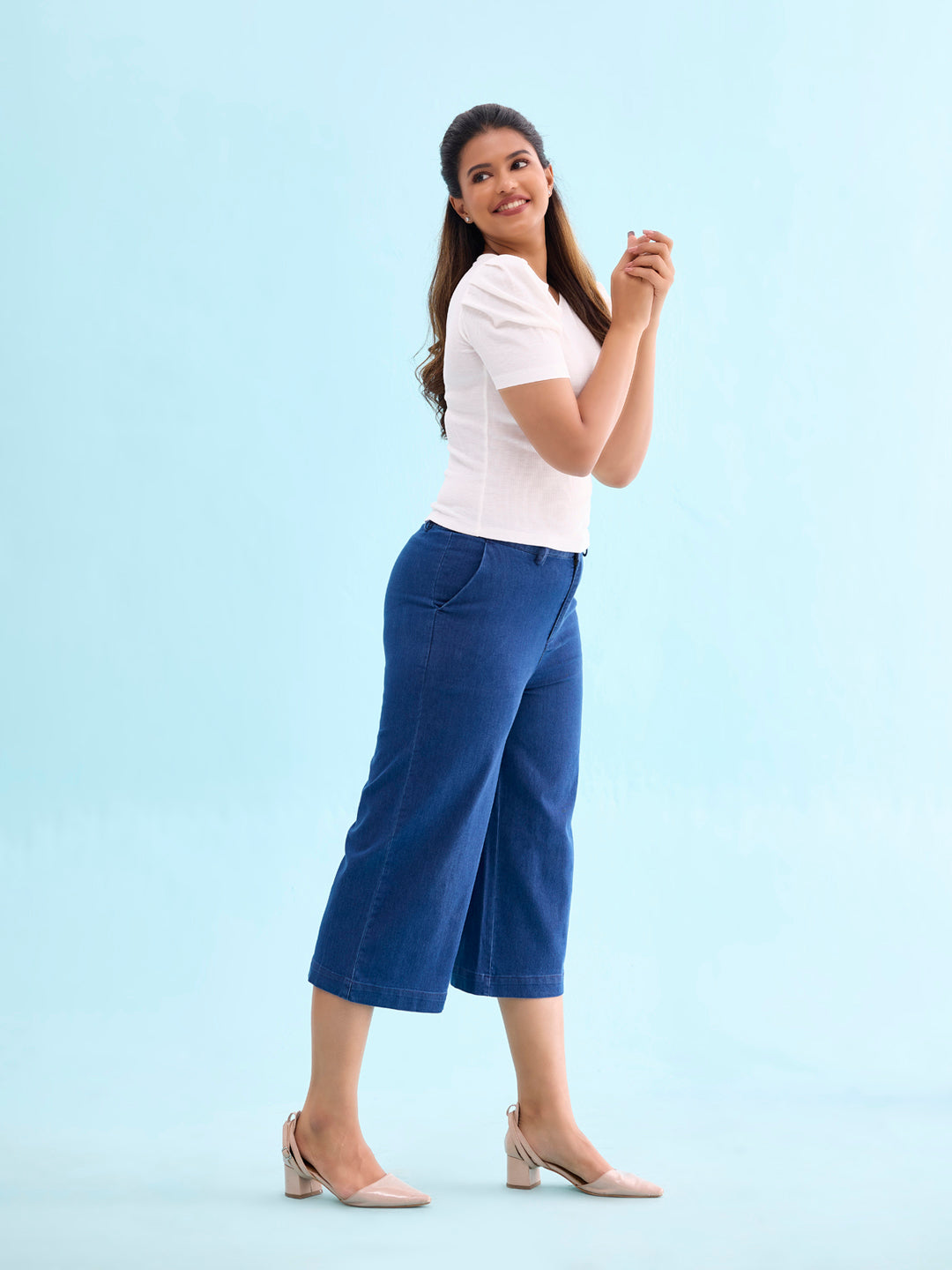 Blue Cotton Denim Culottes – Go Colors India - Main Image