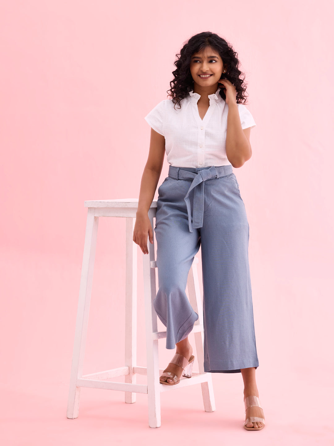 Jeans Blue Linen Blend Culottes