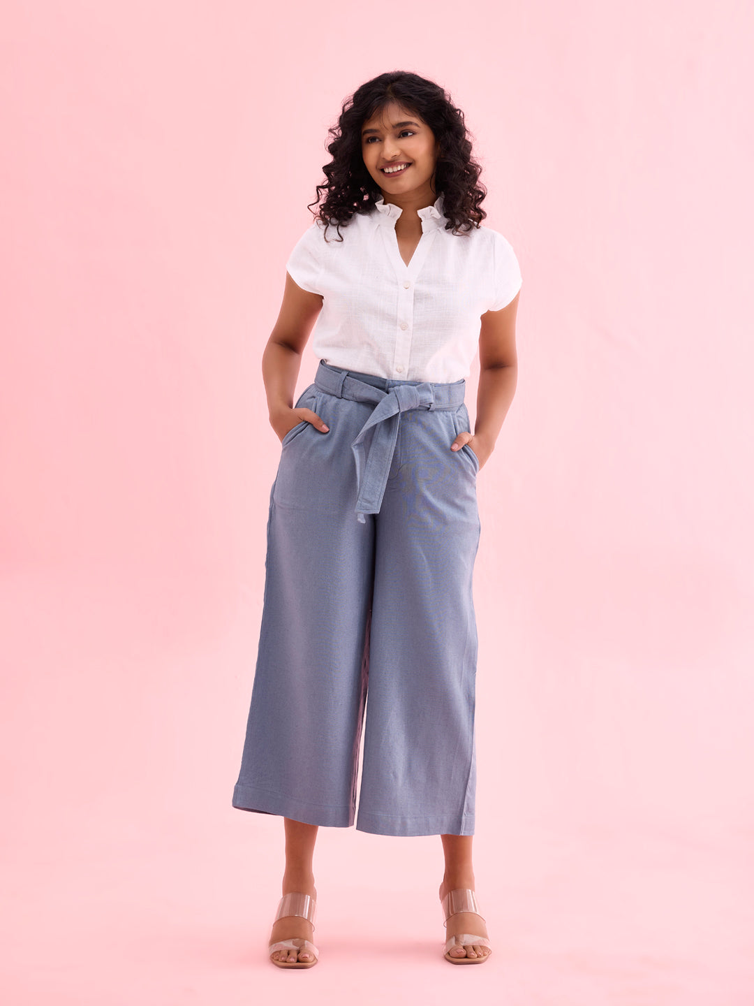 Jeans Blue Linen Blend Culottes