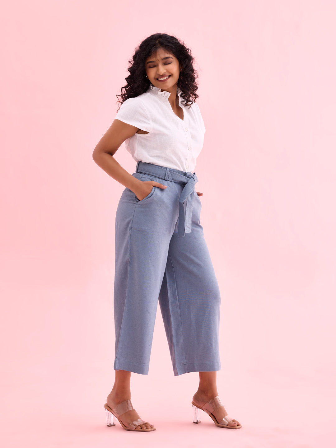 Jeans Blue Linen Blend Culottes