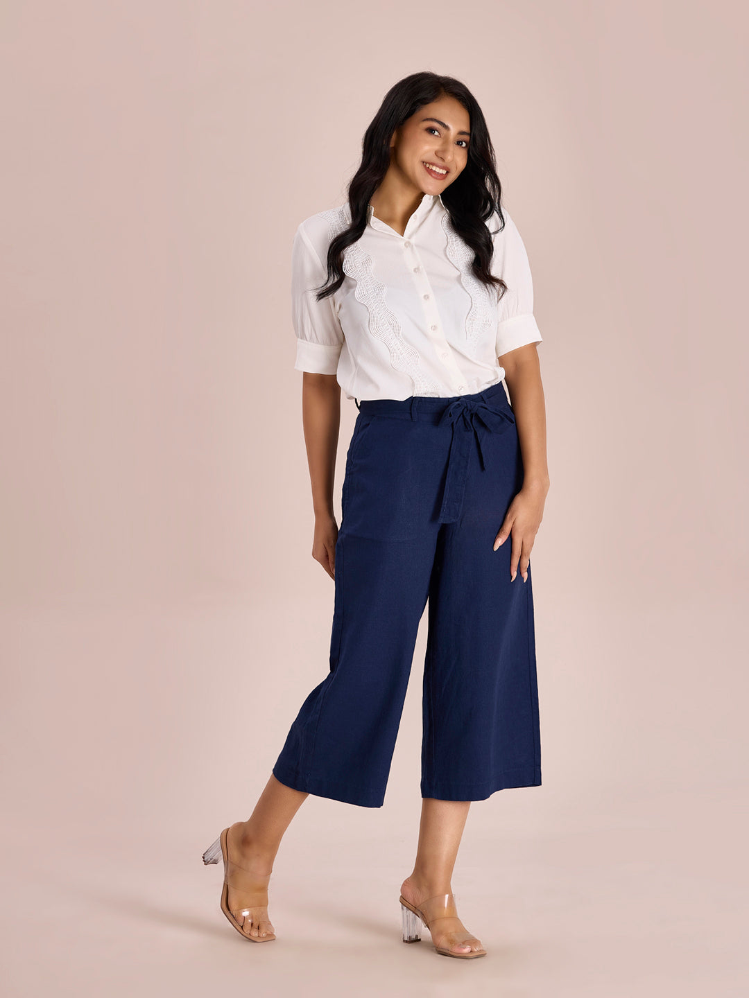 Navy Linen Blend Culottes – Go Colors India - Main Image
