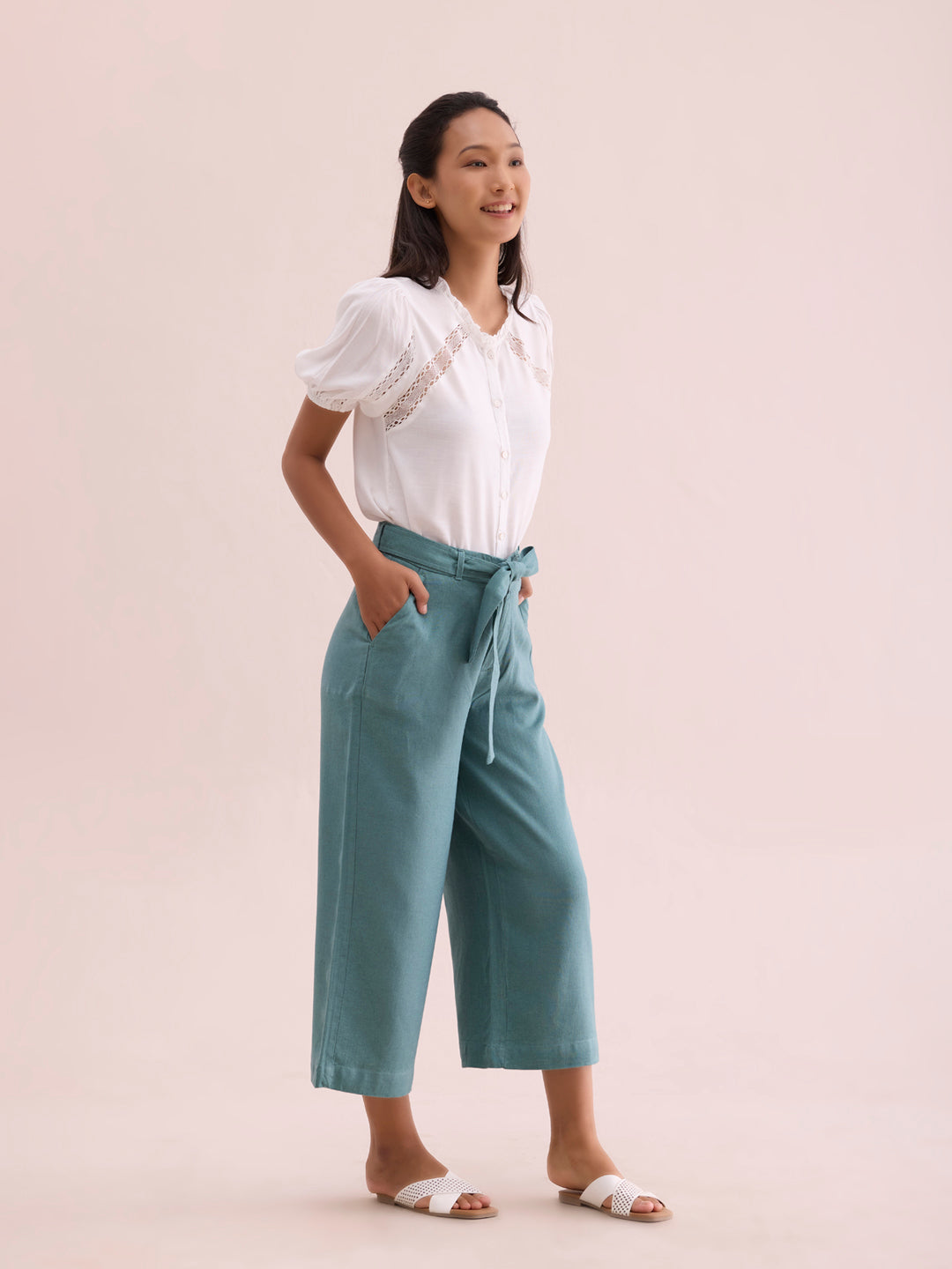 Ocean Green Linen Blend Culottes