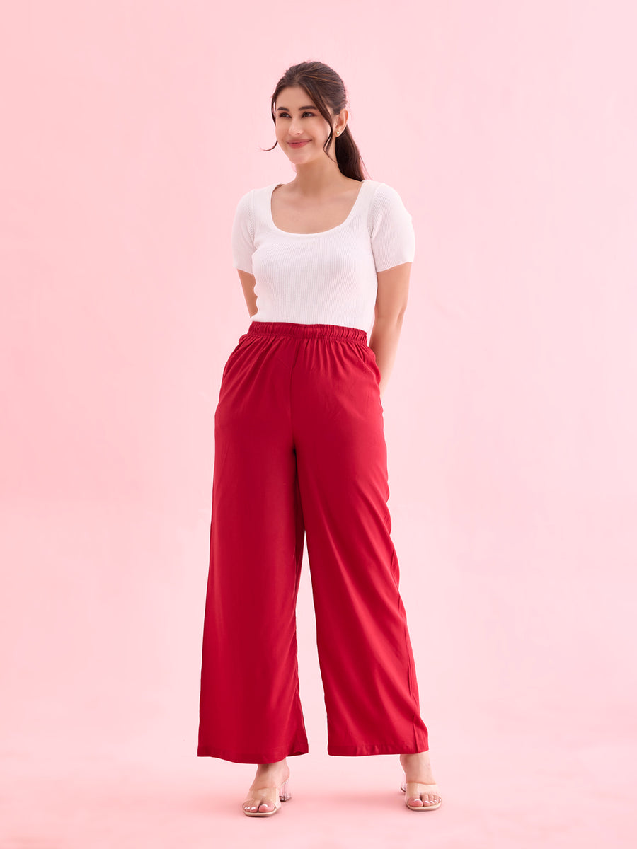 Buy Women's Solid Bright Red Viscose Knit Mid-Rise Palazzos - GoColors