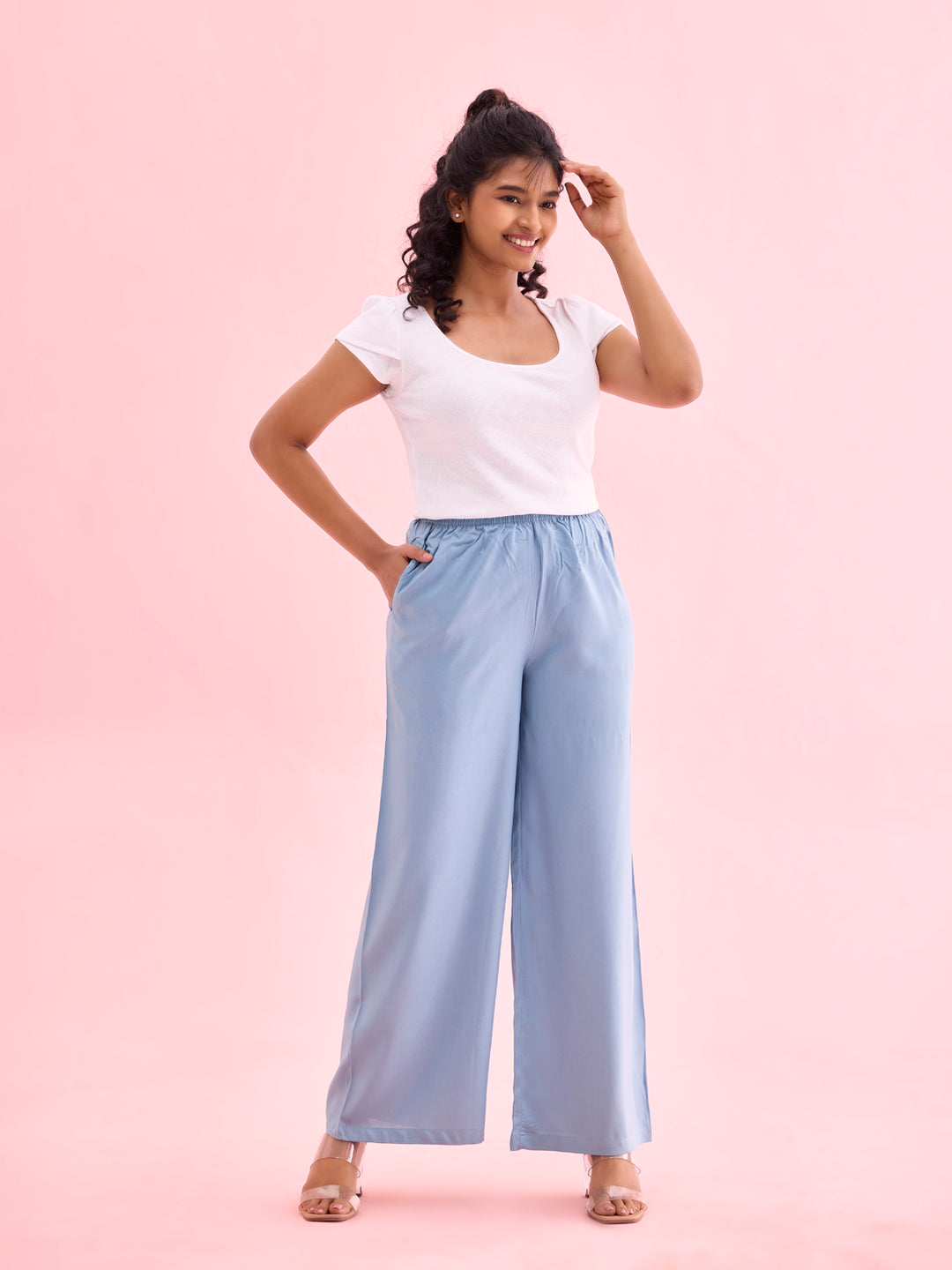 Dusty Blue Woven Viscose Basic Palazzo