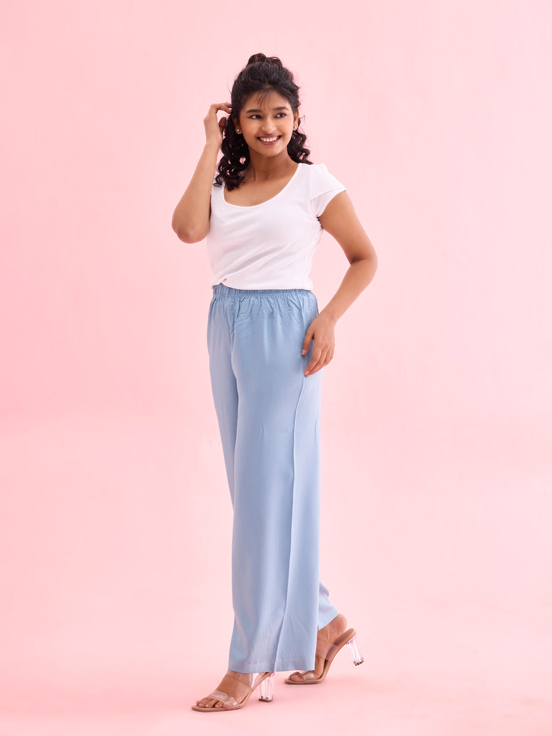 Dusty Blue Woven Viscose Basic Palazzo