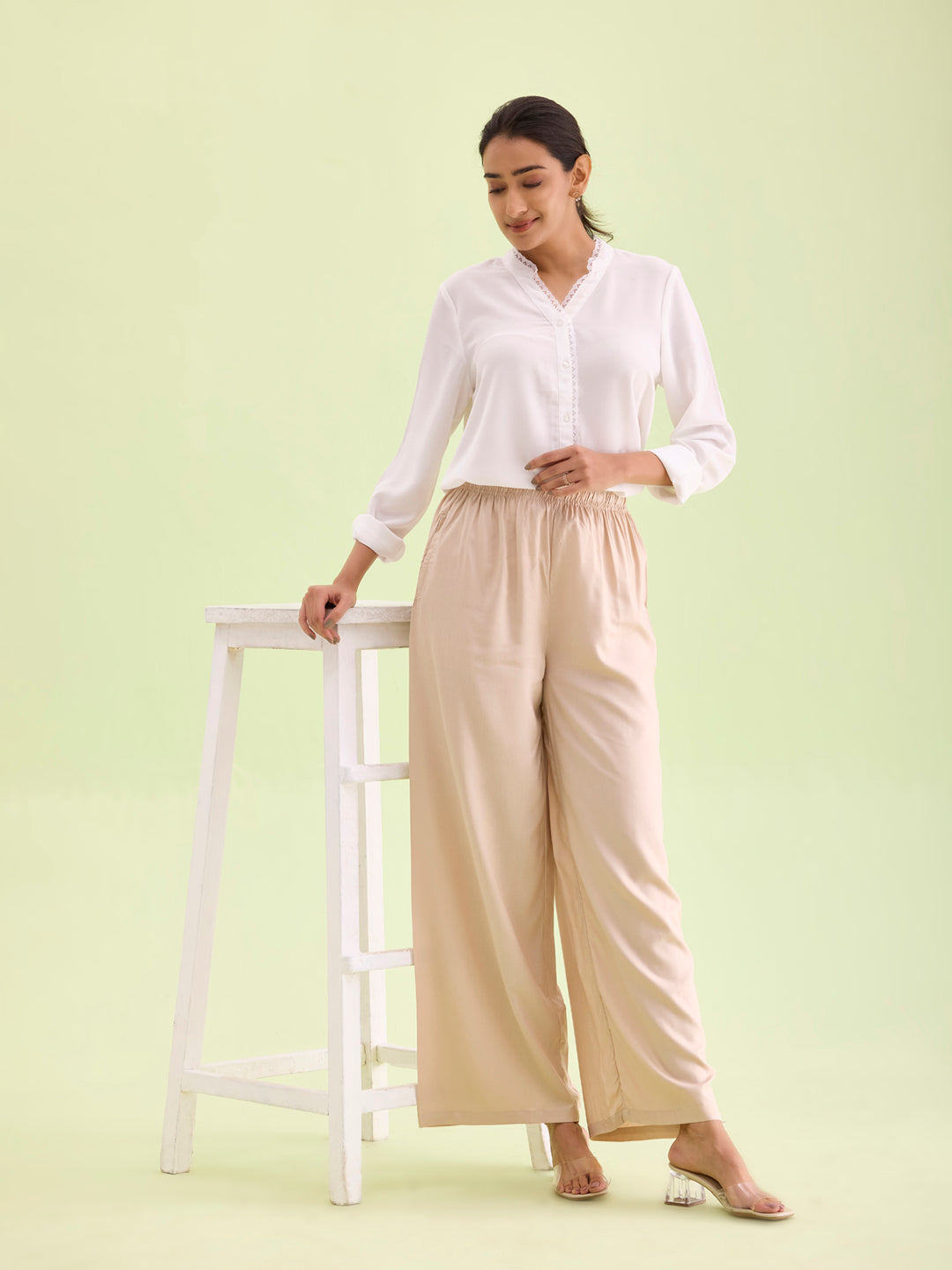 Light Beige Woven Viscose Basic Palazzo