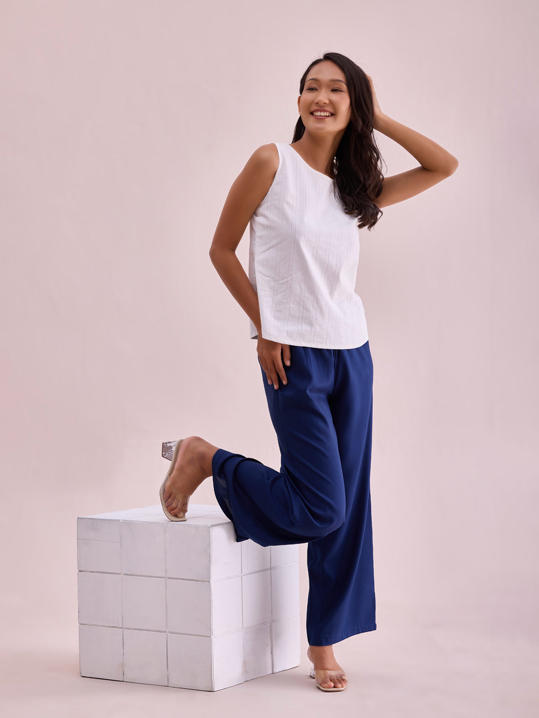 Navy Woven Viscose Basic Palazzo