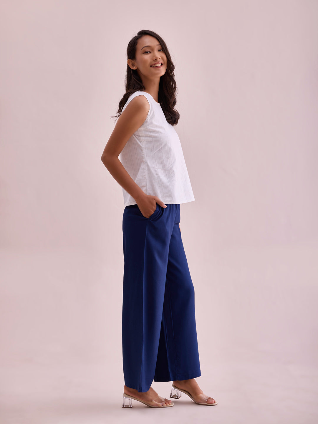 Navy Woven Viscose Basic Palazzo