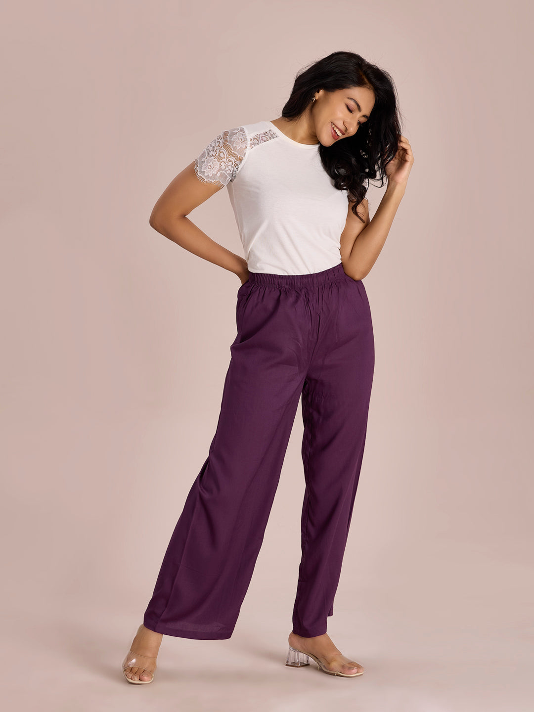 Purple Woven Viscose Basic Palazzo