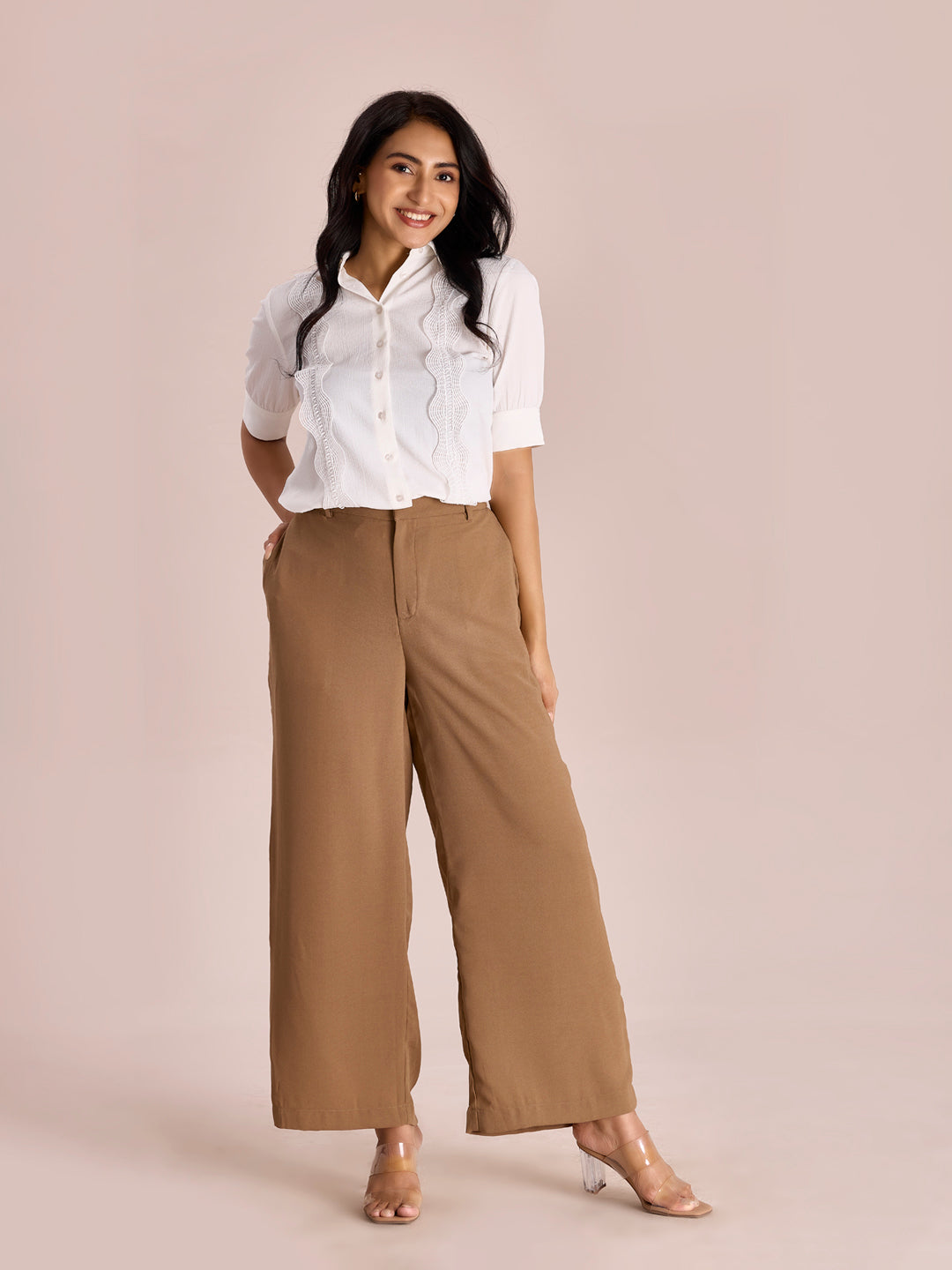 Beige Crepe Wide Trouser