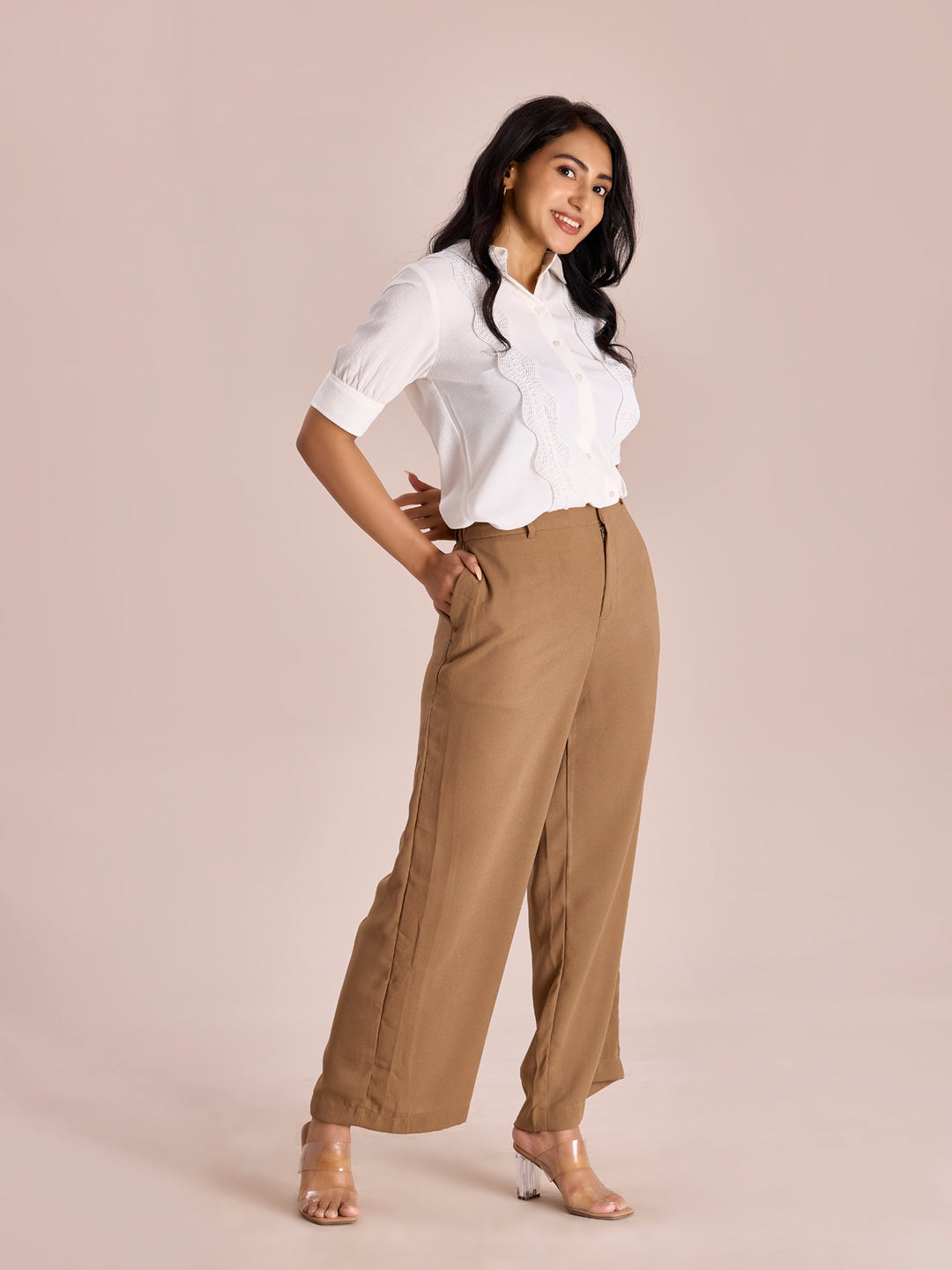 Beige Crepe Wide Trouser