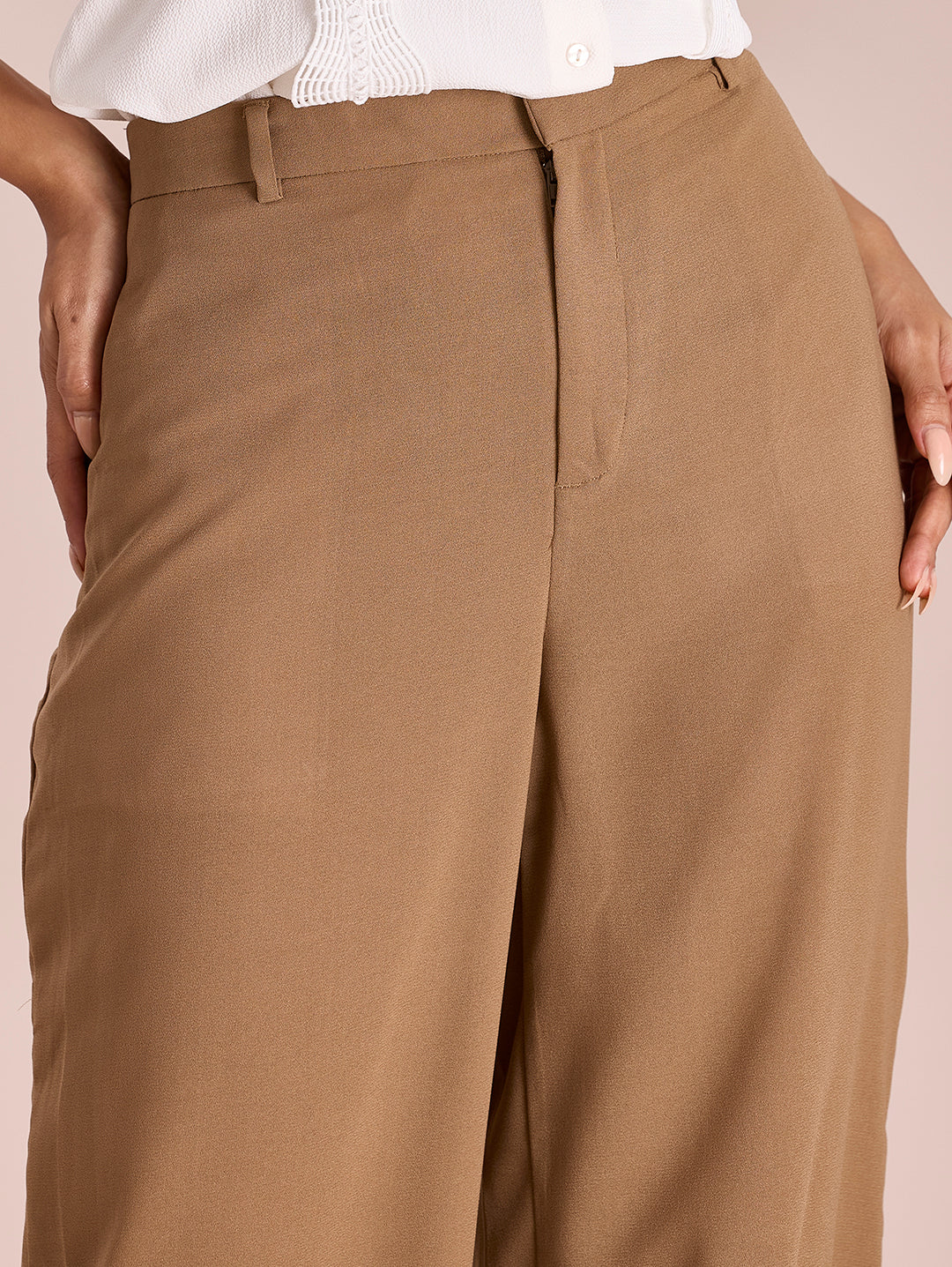 Beige Crepe Wide Trouser