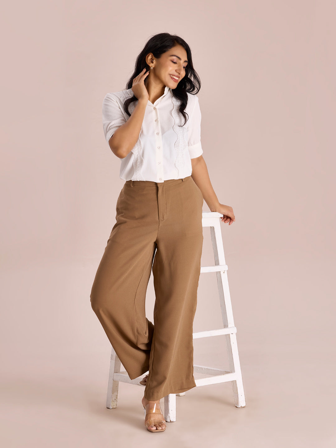 Beige Crepe Wide Trouser