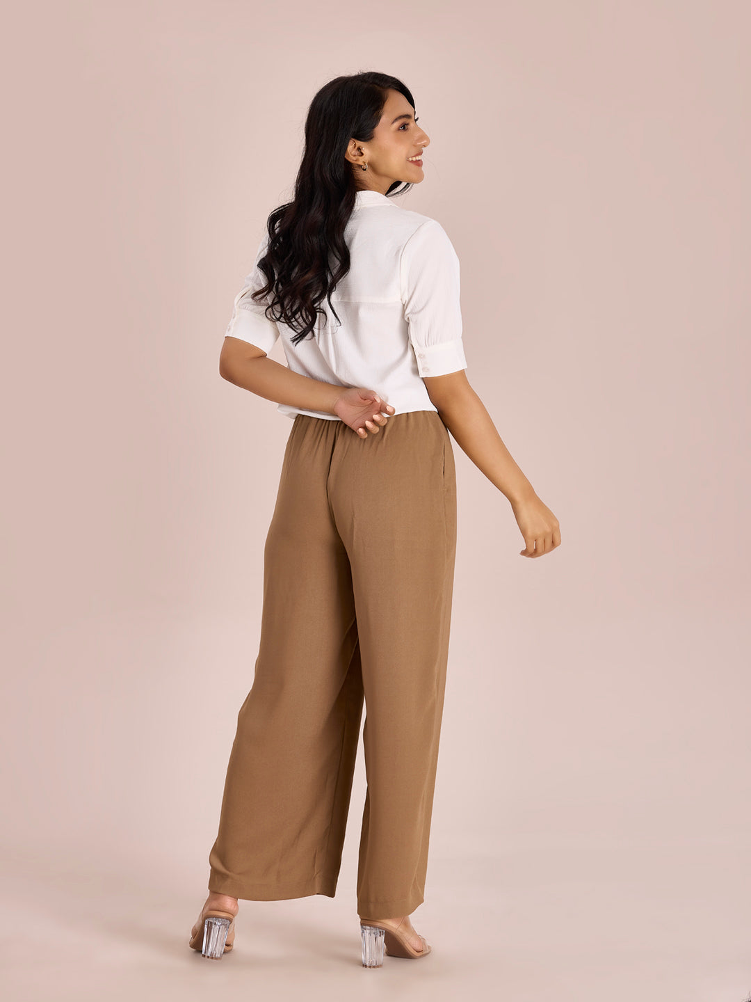 Beige Crepe Wide Trouser