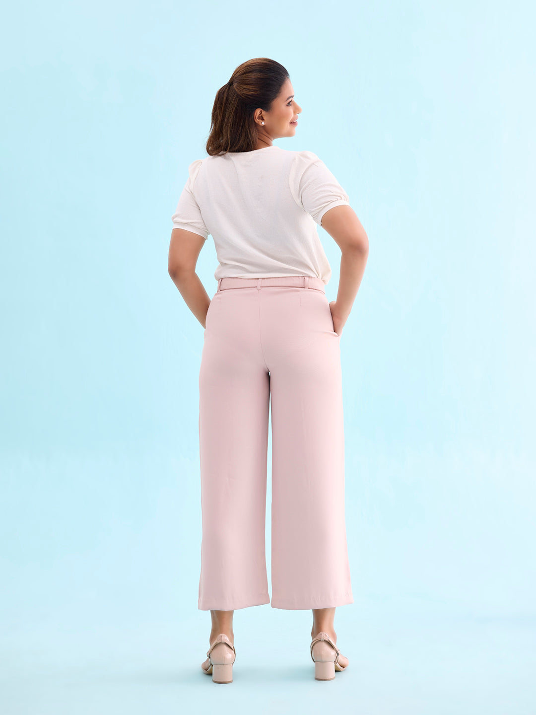 Baby Pink Crepe Wide Trouser