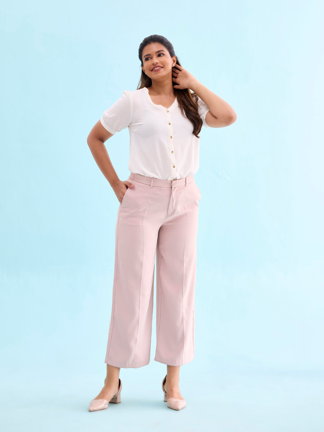 Baby Pink Crepe Wide Trouser