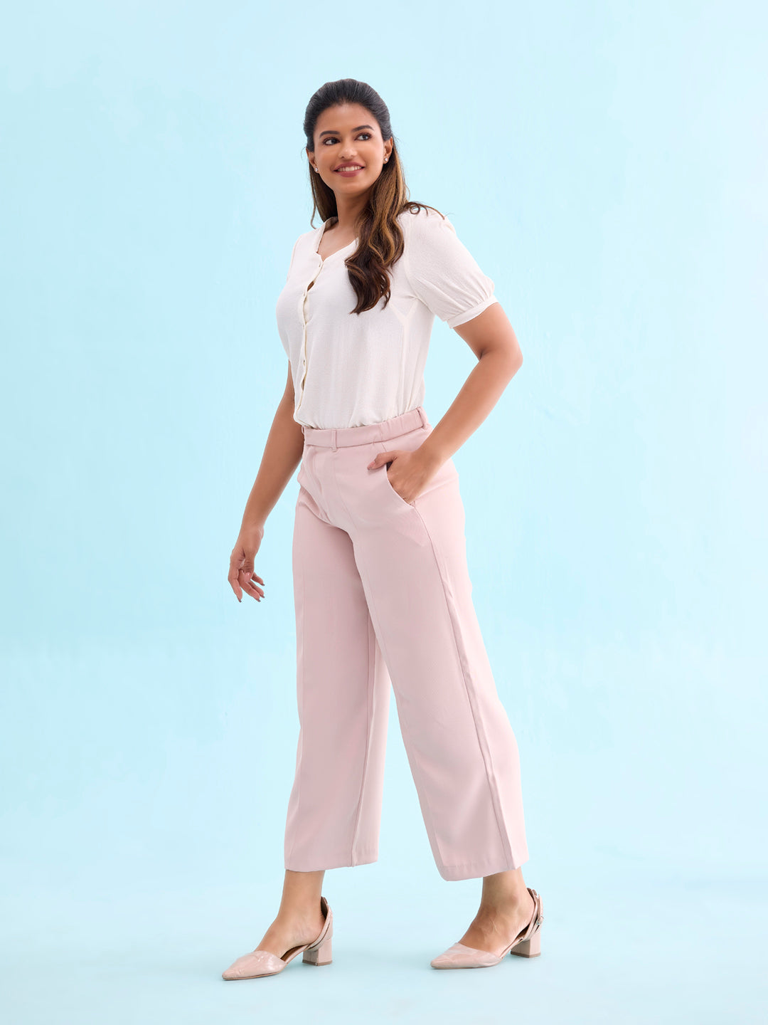 Baby Pink Crepe Wide Trouser