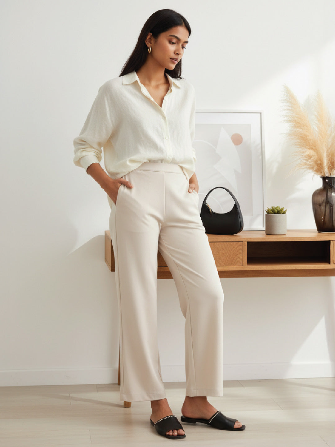 Light Beige Roma Ponte Wide Pants