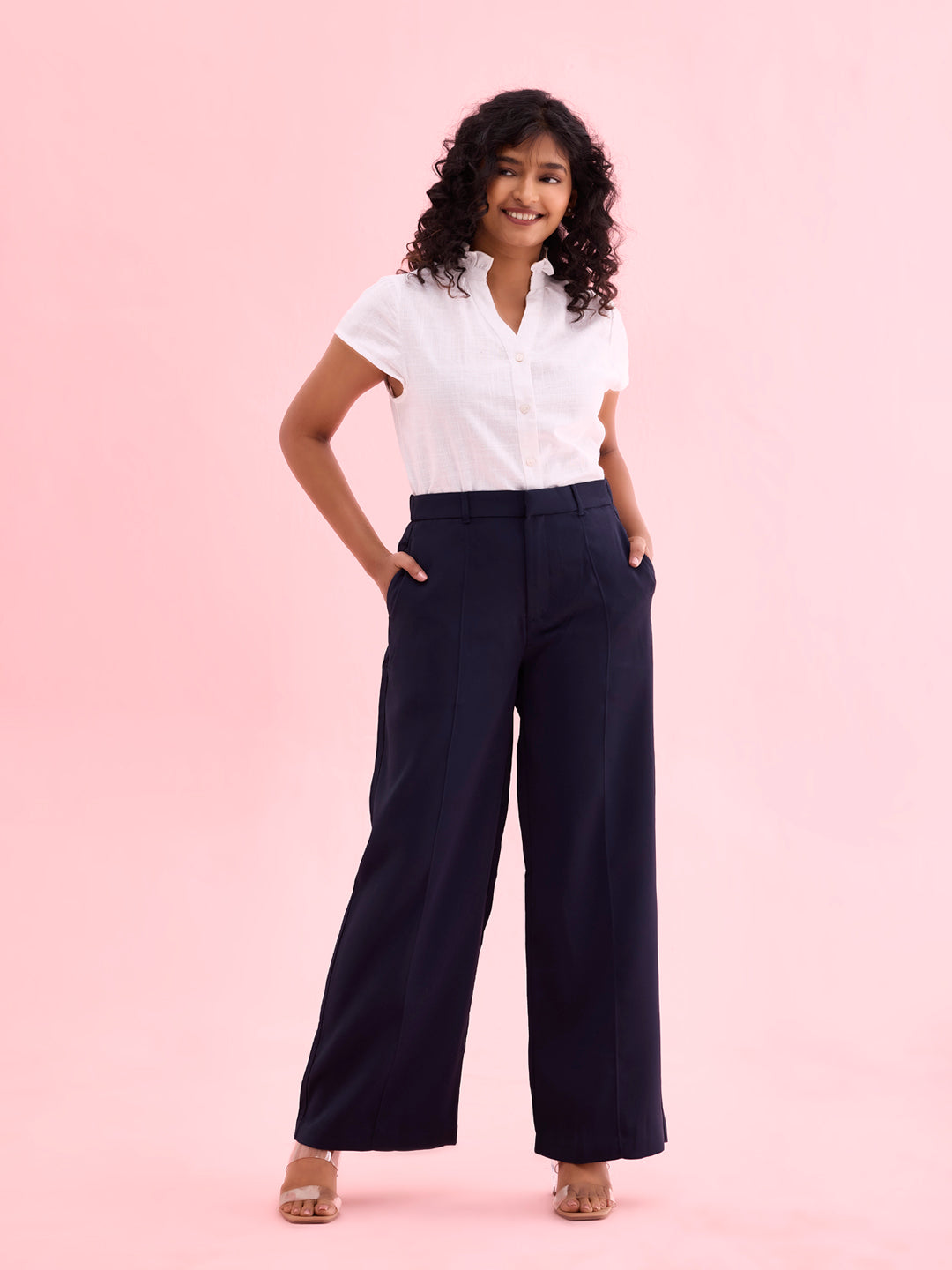 Navy Crepe Wide Trouser