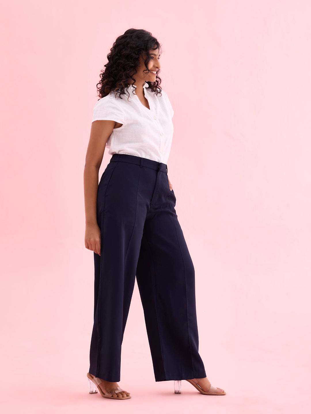 Navy Crepe Wide Trouser