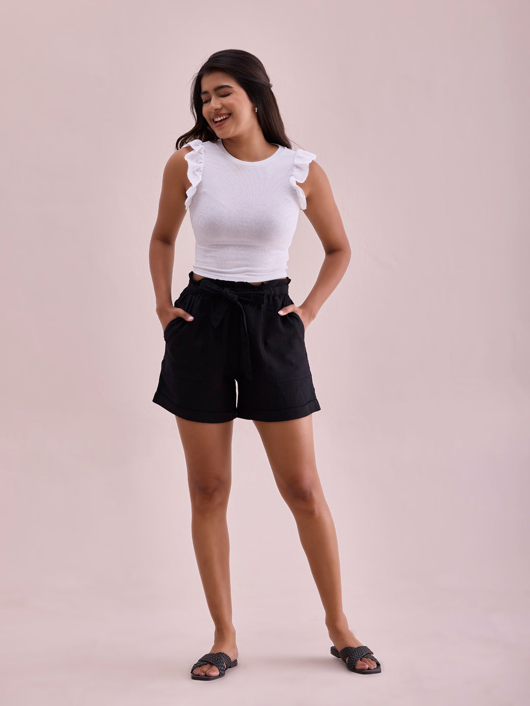 Black Linen Viscose Blend Shorts