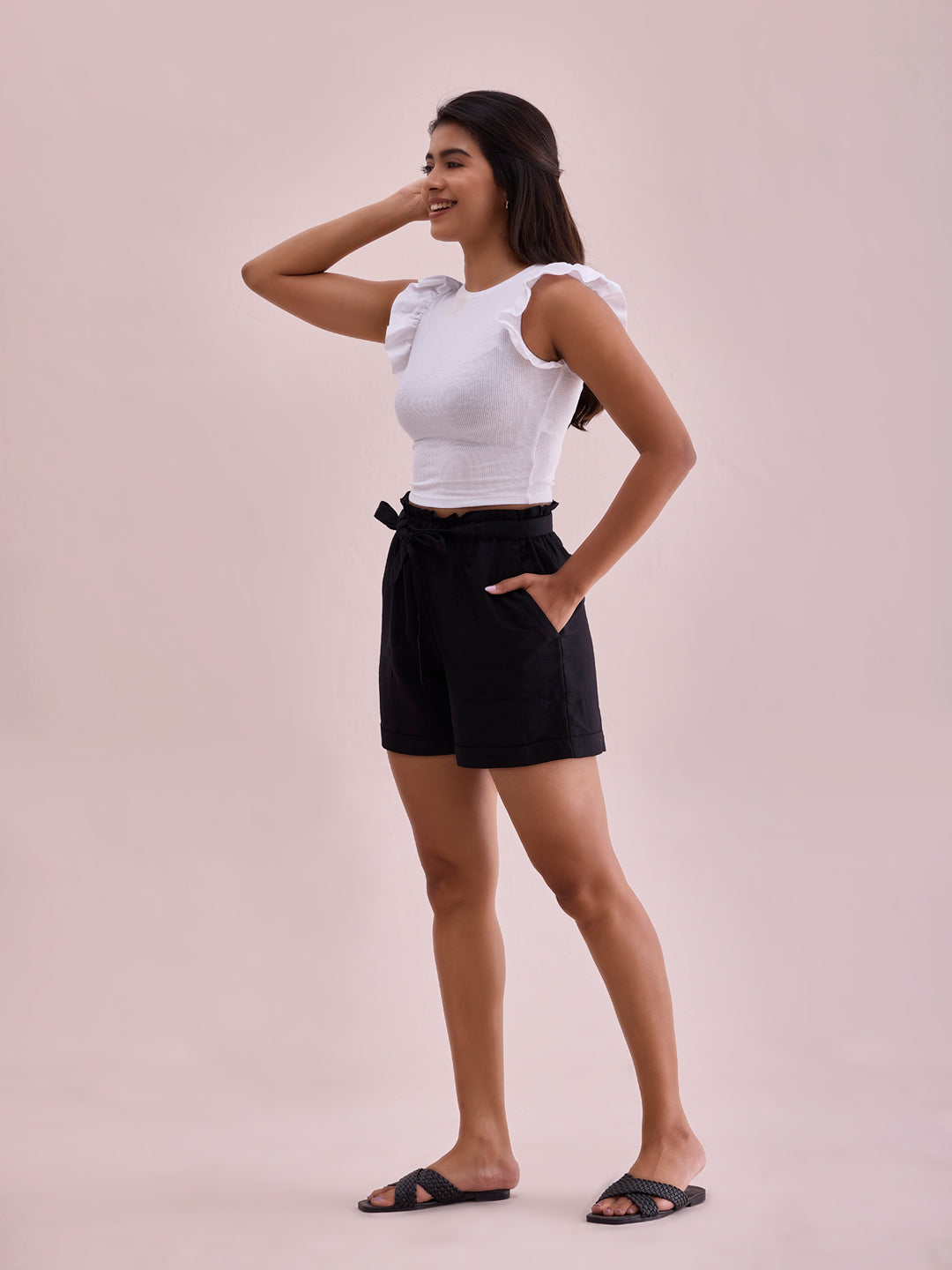 Black Linen Viscose Blend Shorts