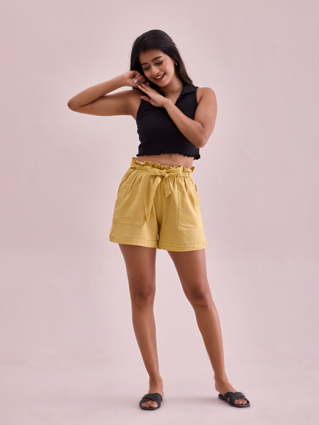 Bright Yellow Linen Viscose Blend Shorts