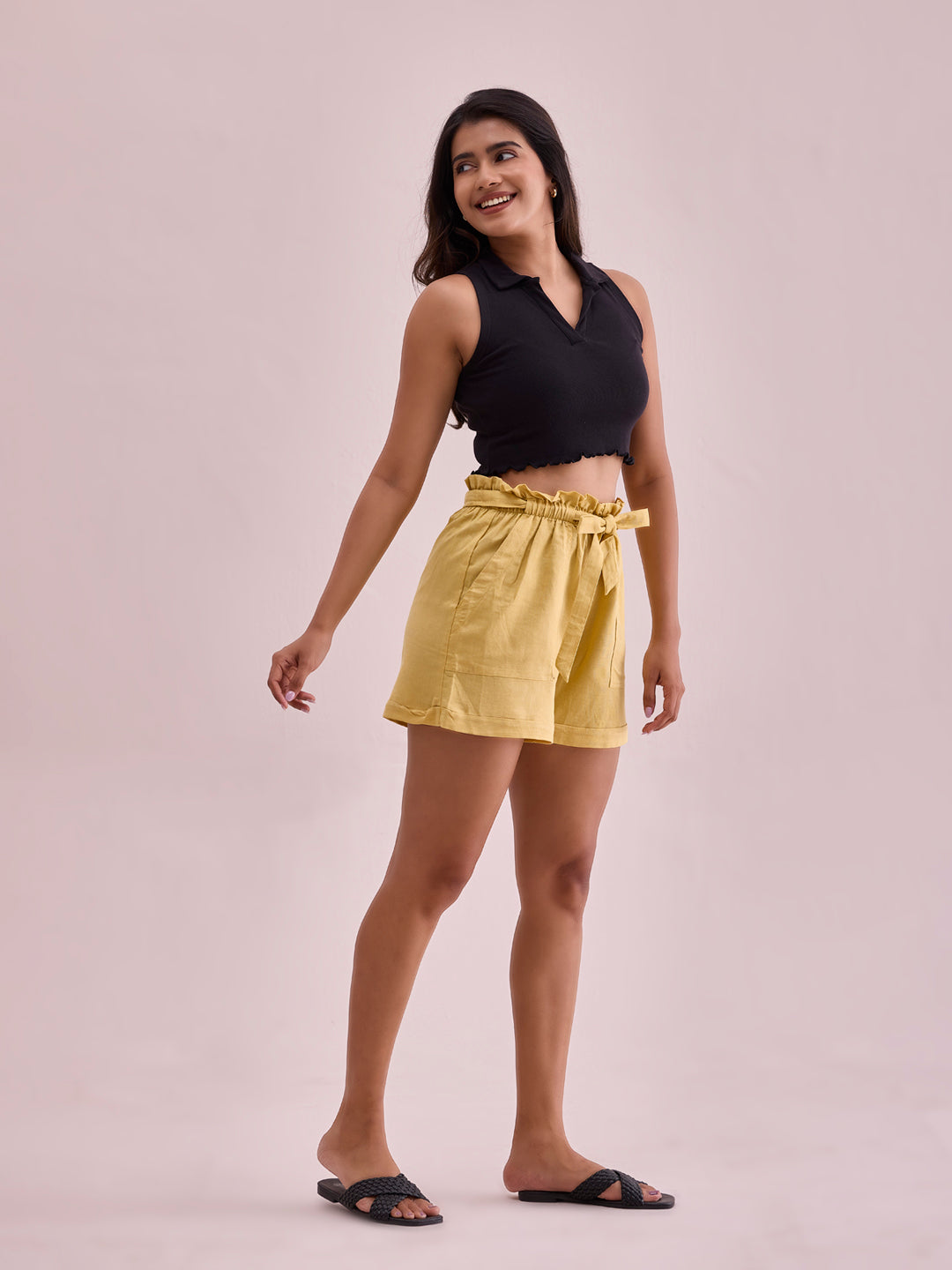 Bright Yellow Linen Viscose Blend Shorts