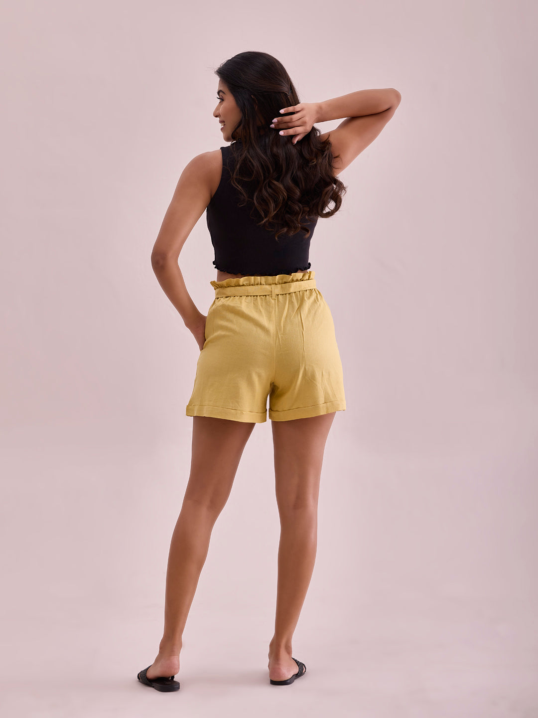 Bright Yellow Linen Viscose Blend Shorts