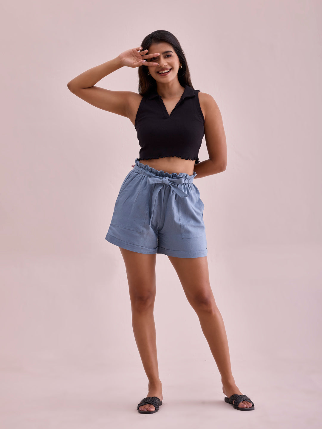 Dusty Blue Linen Viscose Blend Shorts