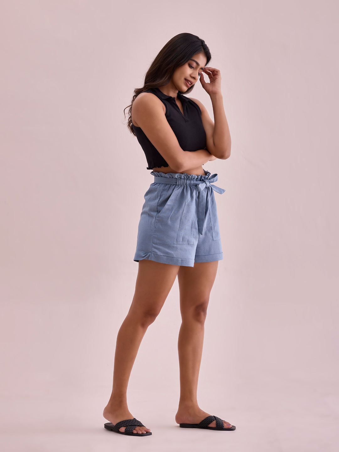 Dusty Blue Linen Viscose Blend Shorts