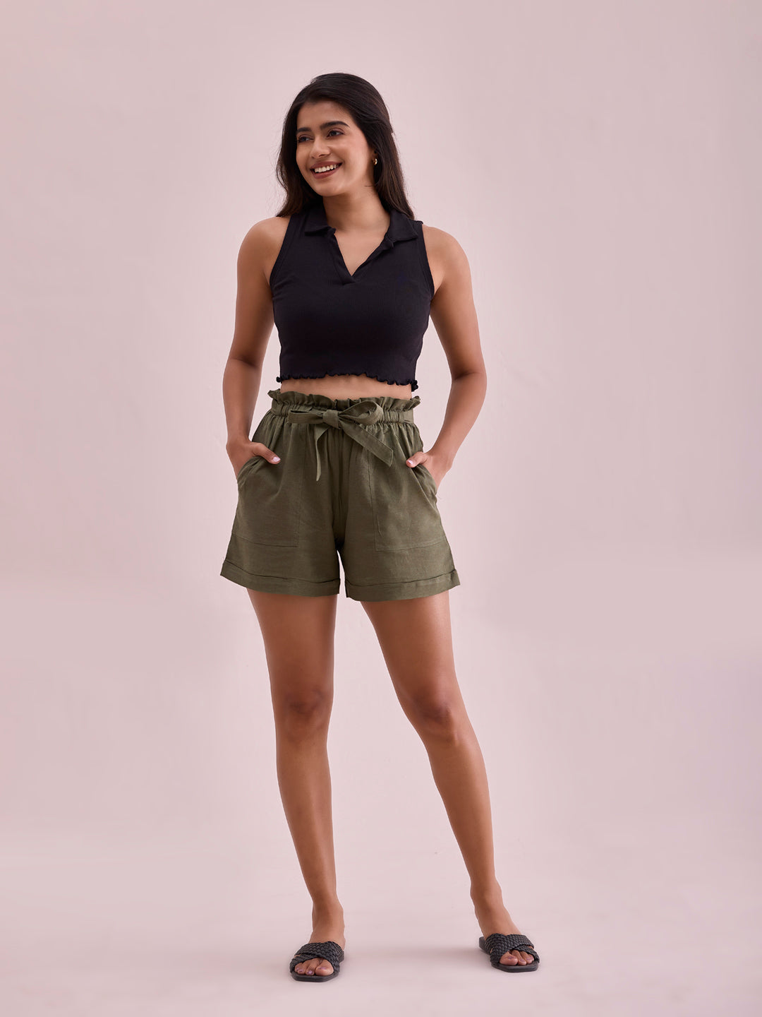 Olive Green Linen Viscose Blend Shorts