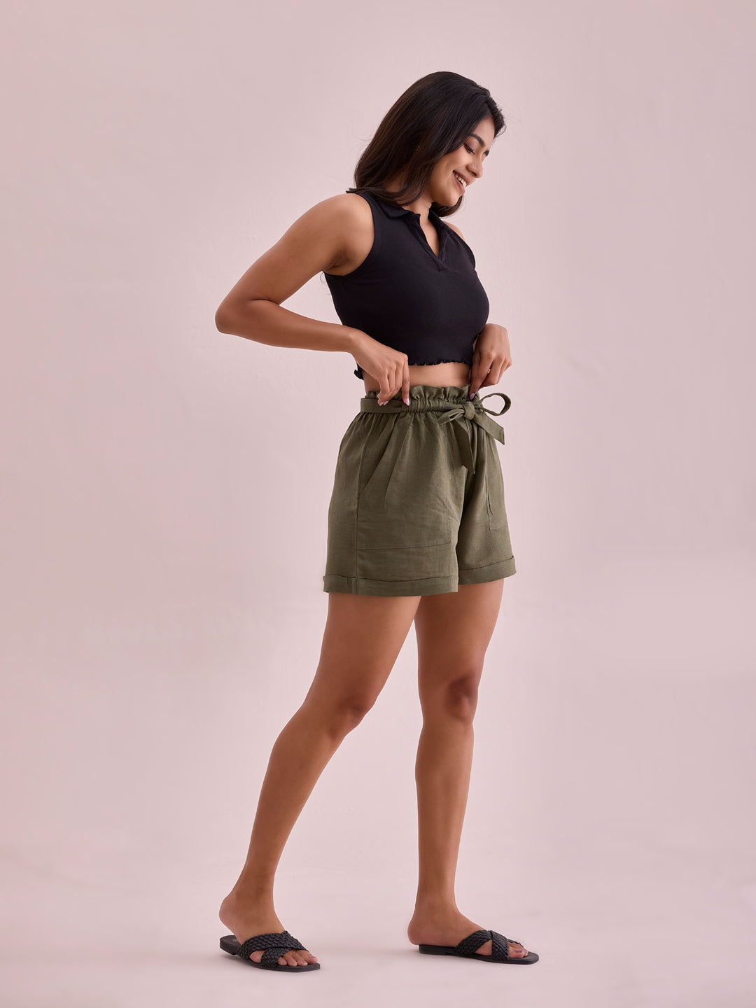 Olive Green Linen Viscose Blend Shorts