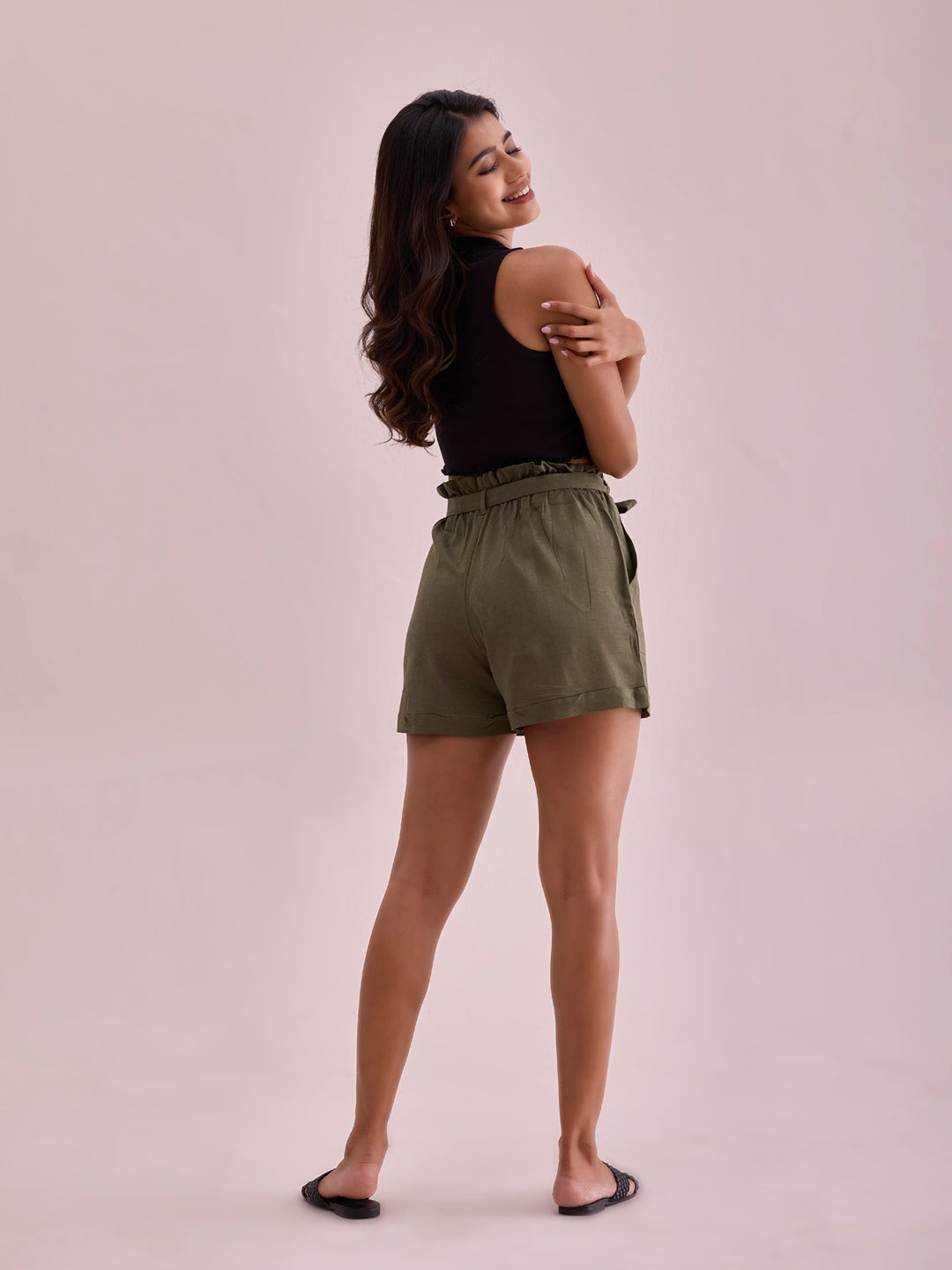 Olive Green Linen Viscose Blend Shorts