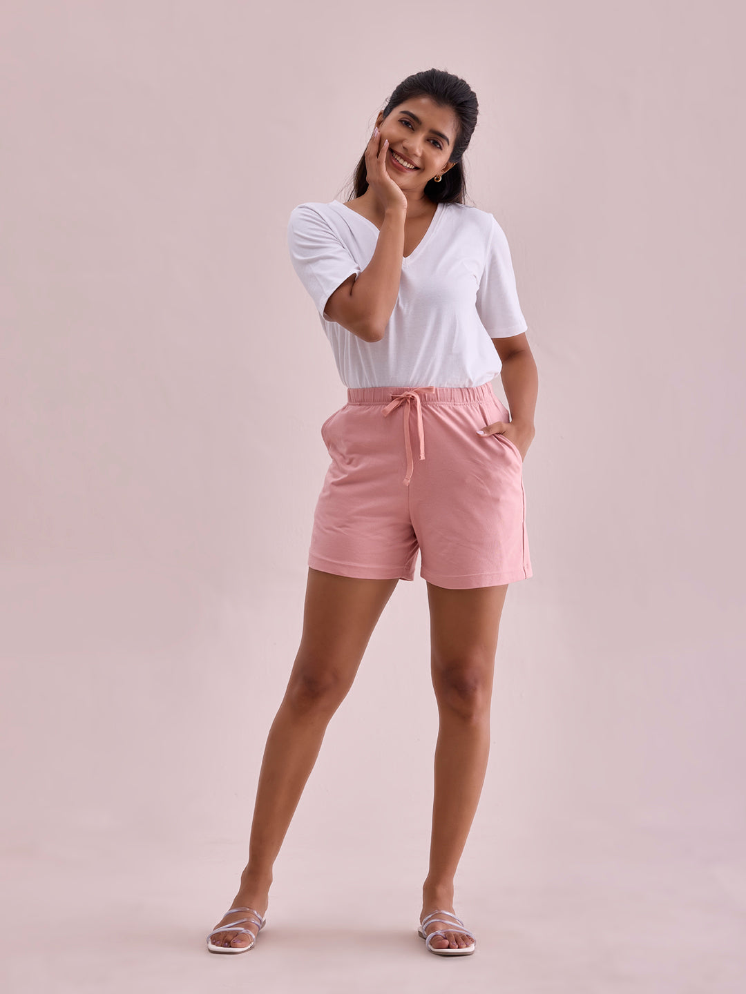 Baby Pink Cotton Stretch Casual Shorts