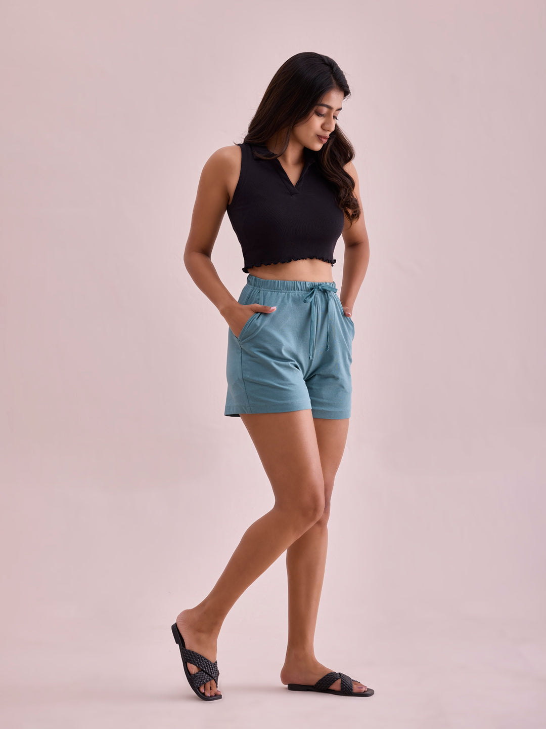 Ocean Green Cotton Stretch Casual Shorts