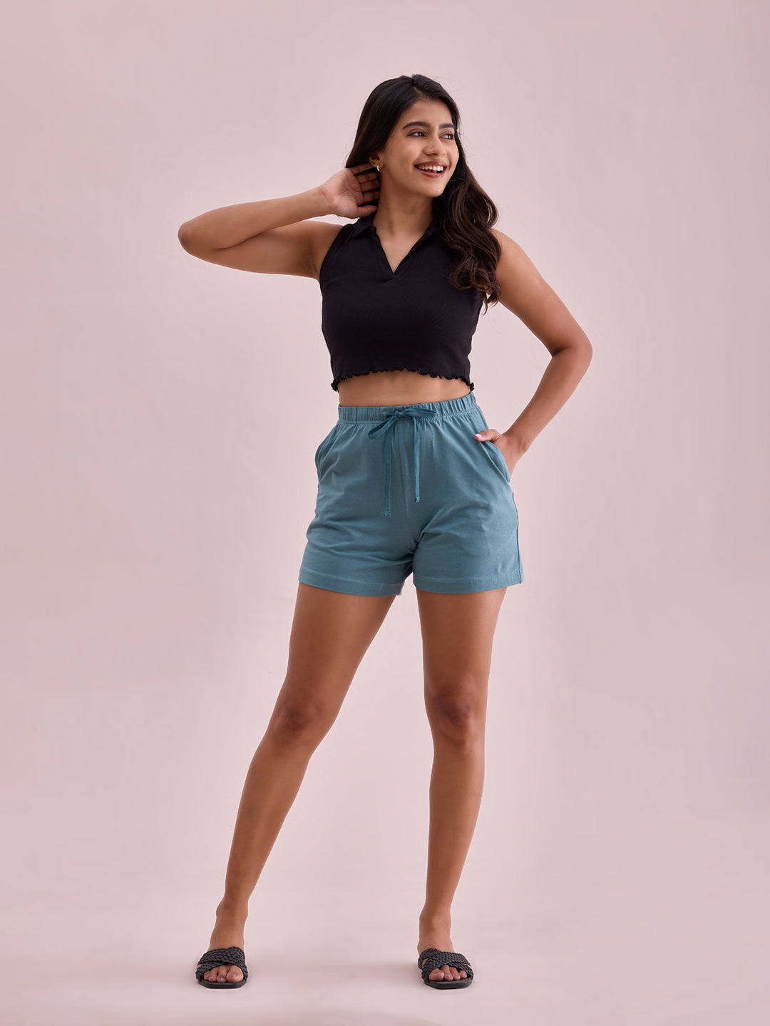 Ocean Green Cotton Stretch Casual Shorts