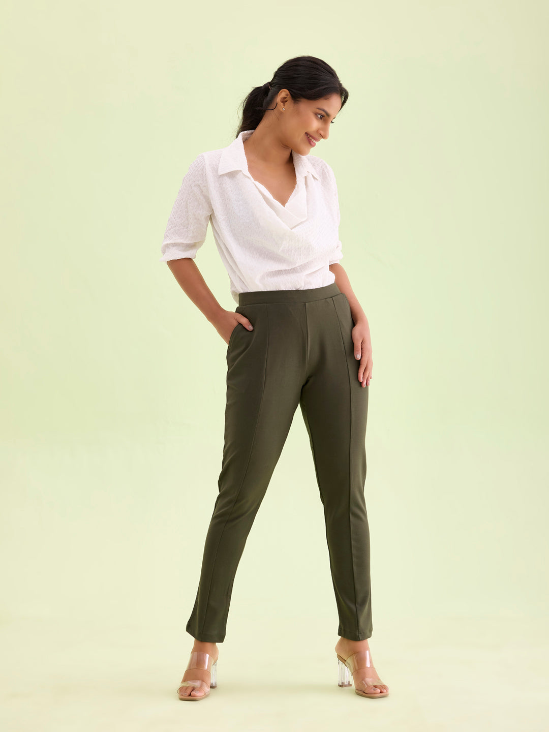 Olive Green Roma Ponte Pants – Go Colors India