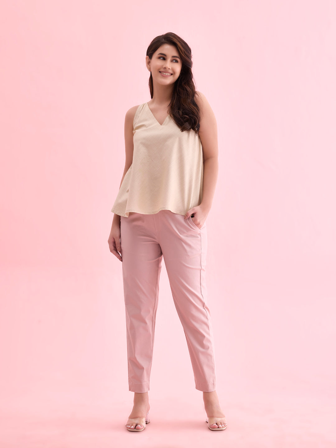 Baby Pink Woven Cotton Stretch Chino Pants