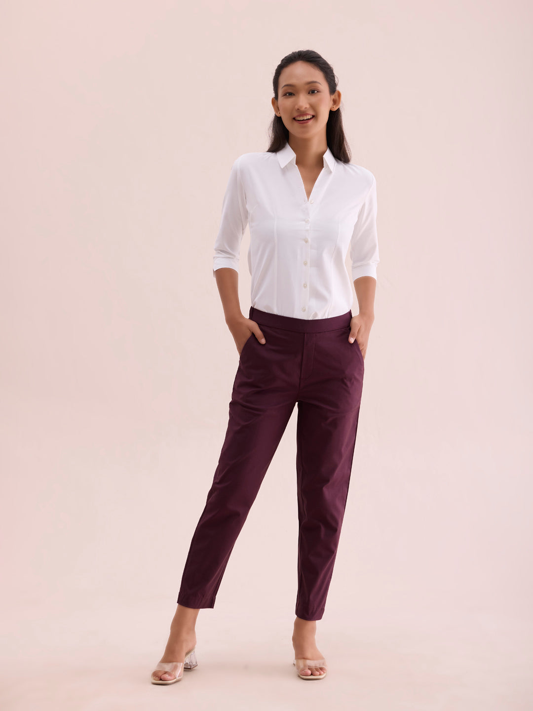 Dark Wine Woven Cotton Stretch Chino Pants