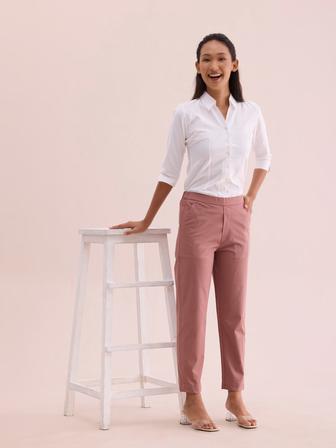 Dusty Pink Woven Cotton Stretch Chino Pants