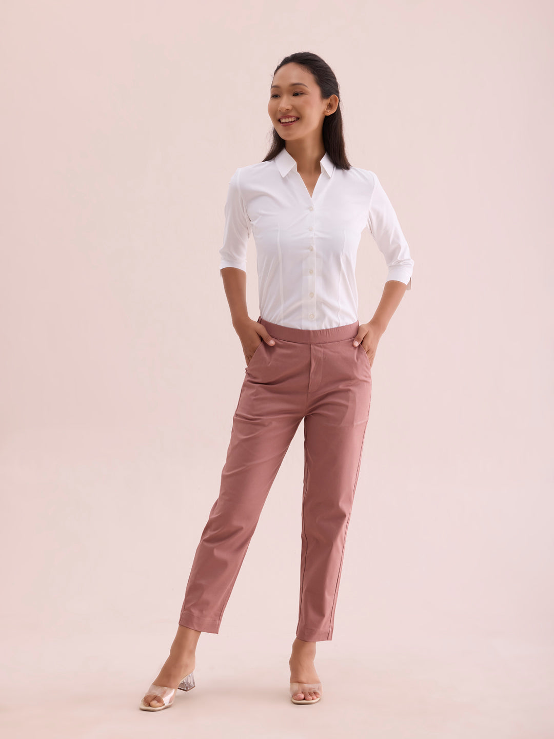 Dusty Pink Woven Cotton Stretch Chino Pants