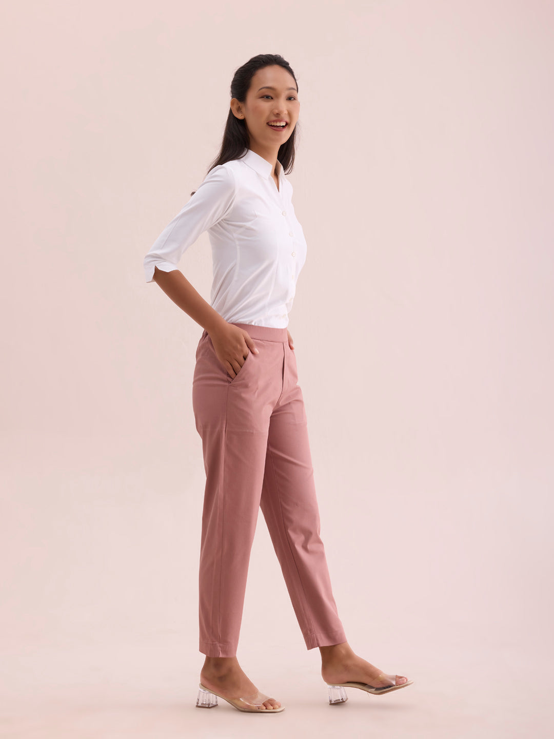 Dusty Pink Woven Cotton Stretch Chino Pants