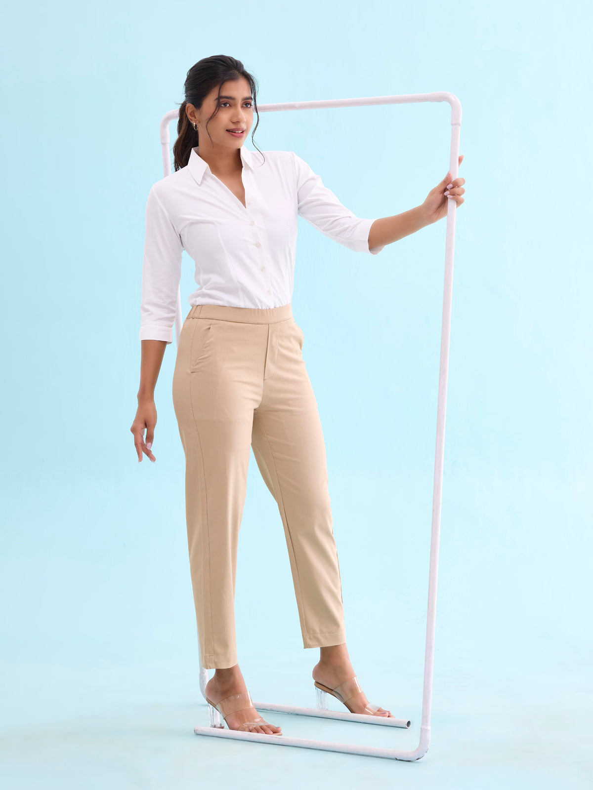 Light Beige Woven Cotton Stretch Chino Pants