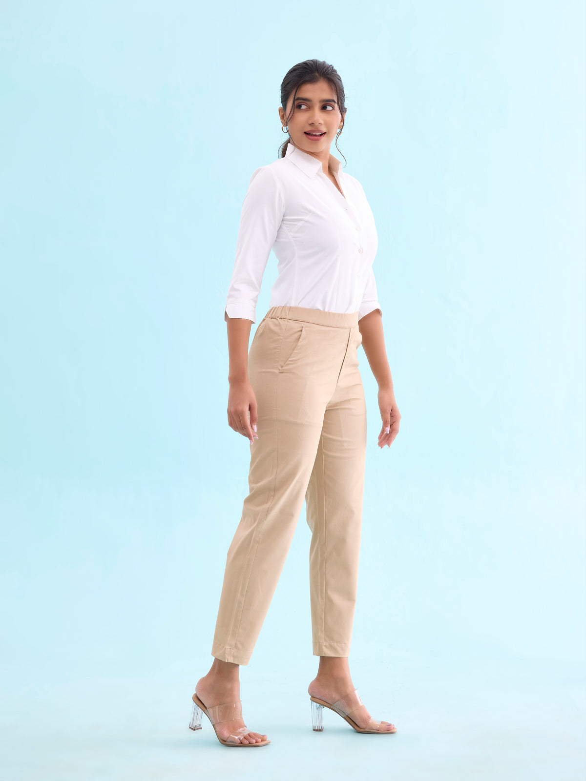 Light Beige Woven Cotton Stretch Chino Pants S