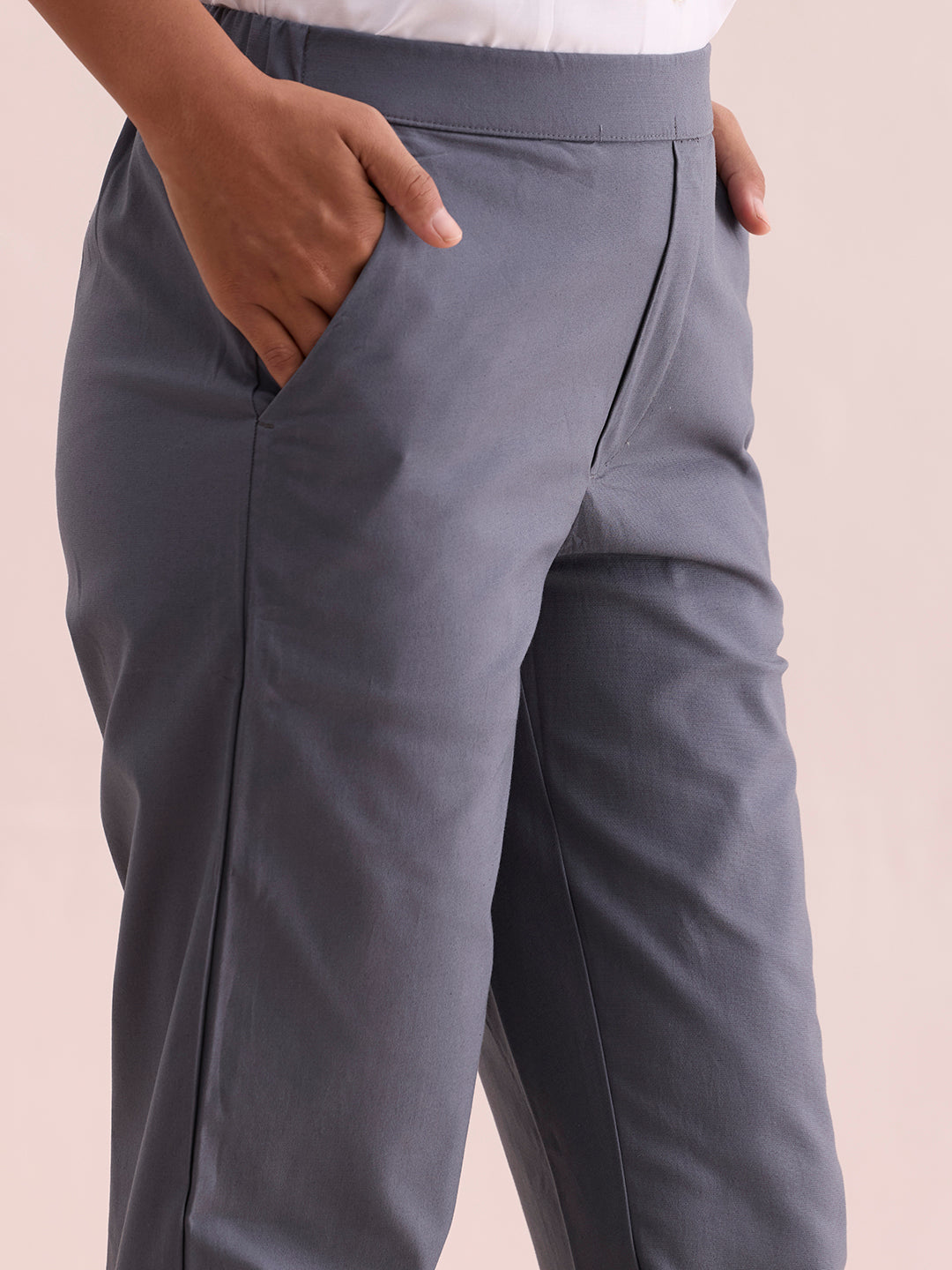 Silver Grey Woven Cotton Stretch Chino Pants