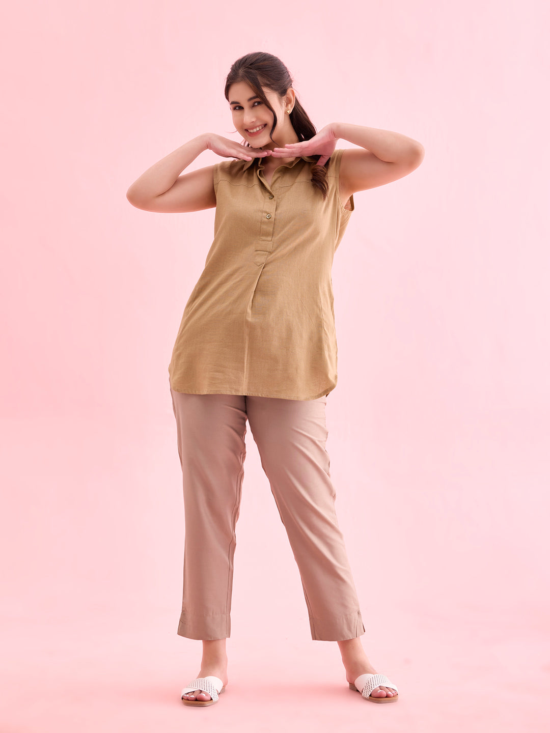 Beige Poly Modal Metallic Pants