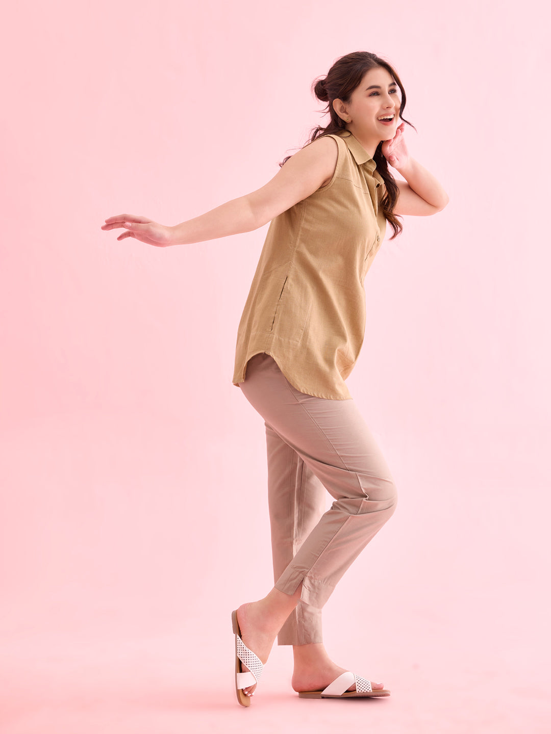 Beige Poly Modal Metallic Pants