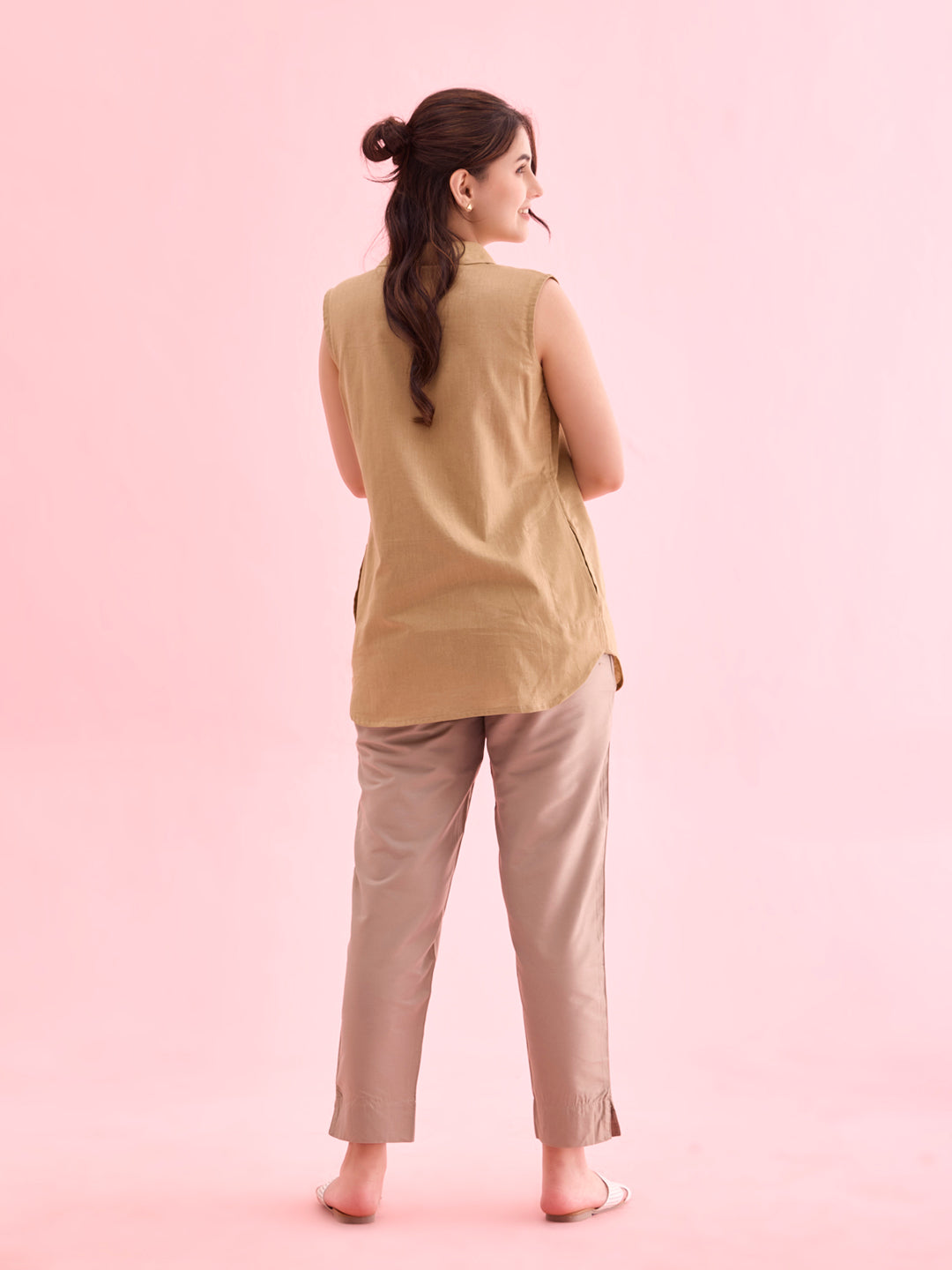 Beige Poly Modal Metallic Pants